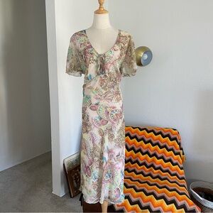 Y2K Mile Gabrielle Fairy Boho Paisley Beaded Flutter Sleeve Midi Dress